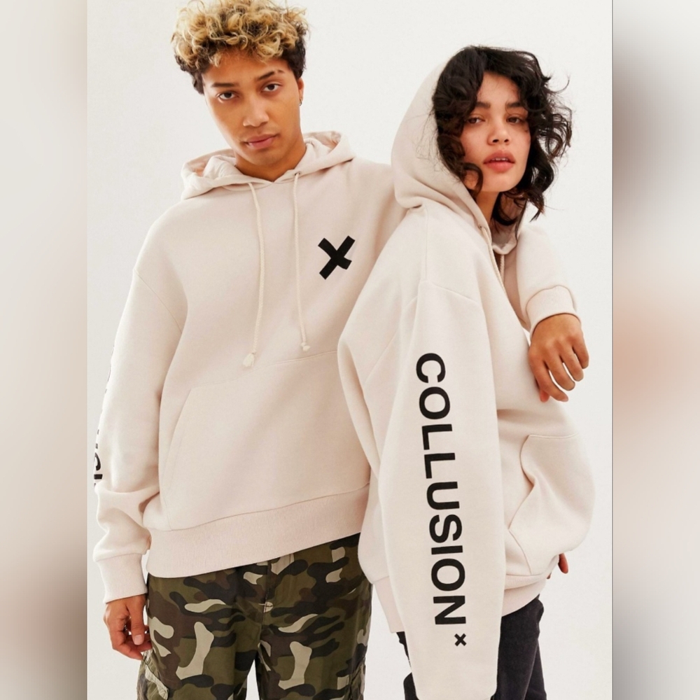 ASOS Collusion Cream Hoodie Unisex Oversized Cotton Blend Fleece Lining 3XL